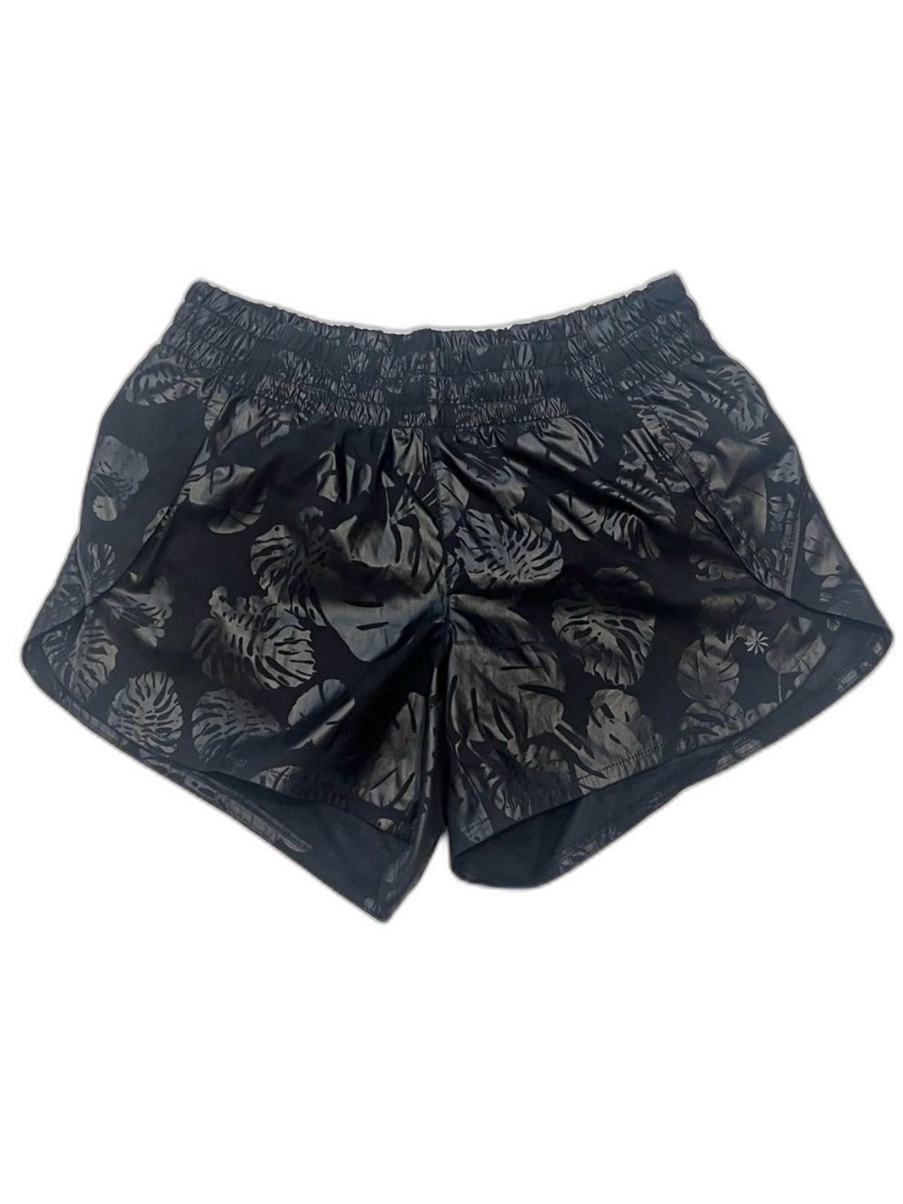 Athleta Women’s Black on Black Floral Hibiscus Leaf Print Racer Run Shorts Sz S